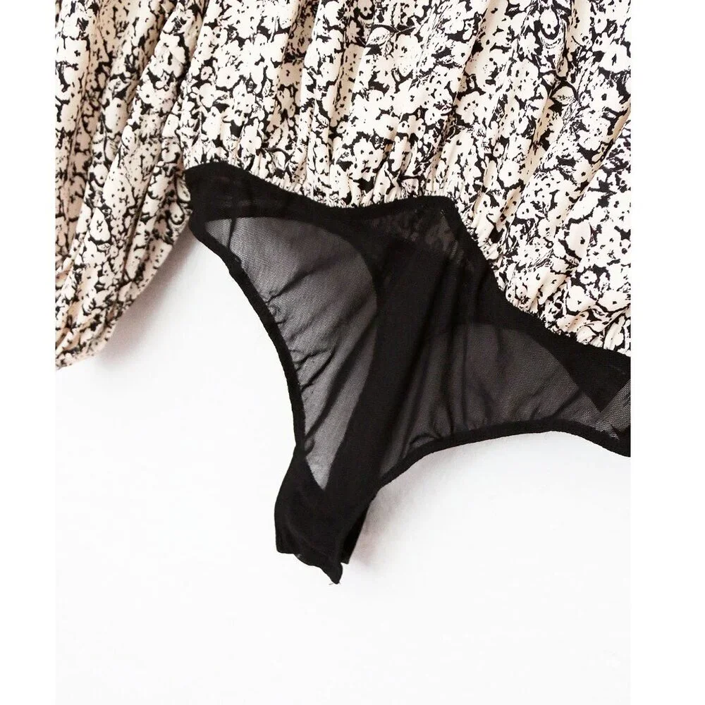Free People FP Intimately All Tucks Printed Bodysuit XS Long Balloon Sleeves $78